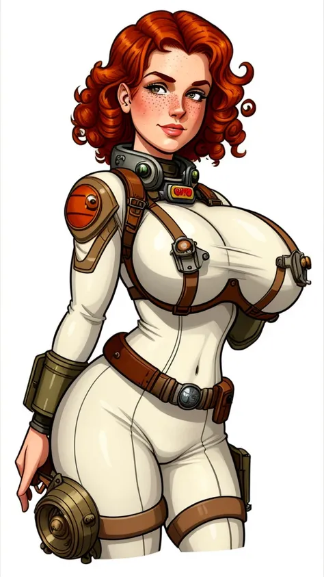 dieselpunk, pretty woman, curly ginger hair, freckles, large breasts, rubenesque, dieselpunk, space suit, white background, blank background, pinup. 