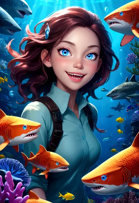 a beautiful girl with shark-like features, interactive，game，interesting，Bubbles，glowing blue eyes, sharp teeth, Girl with sharp fangs，scaly skin, floating in an underwater fantasy scene with kelp, coral, and schools of tropical fish, detailed realistic 3d ...