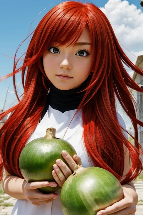 A PHOTO OF AN ANIME WITH AN ONION HER VERY GUERITA RED HAIR 