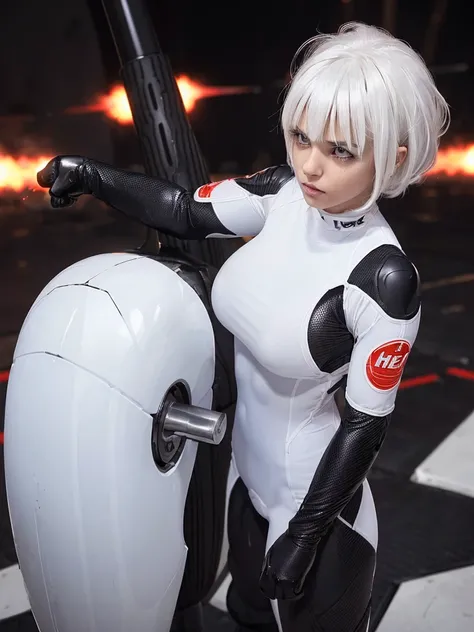 (bangs:1.3), (new heat core by strong pw  :1.5), (mixed white hair :1.4),(perfect skin girl:1.4),(beautiful hair1.3),(big boobs:1.3) 
(black carbon suits:1.3),(neatly groomed short hair :1.4),(white eyes:1.5),(after strike impact driven:1.5)