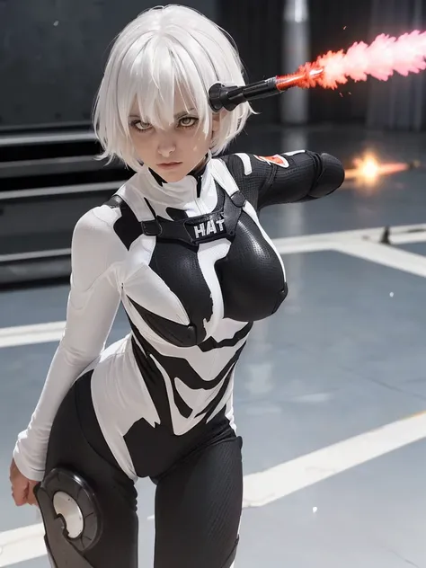 (bangs:1.3), (new heat core by strong pw  :1.5), (mixed white hair :1.4),(perfect skin girl:1.4),(beautiful hair1.3),(big boobs:1.3) 
(black carbon suits:1.3),(neatly groomed short hair :1.4),(white eyes:1.5),(after strike impact driven:1.5)