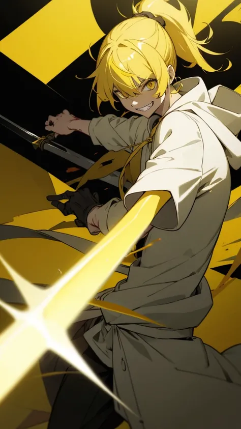 boy, yellow hair tied in a ponytail, reflective yellow eyes, holding a dagger, q shaped dagger, bloodied clothes, battle grin, modern clothing, hoodie, wounded, 