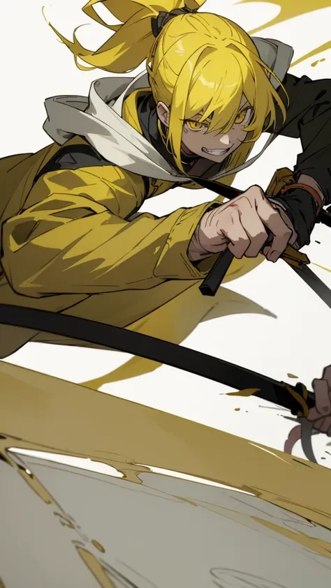 boy, yellow hair tied in a ponytail, reflective yellow eyes, holding a dagger, q shaped dagger, bloodied clothes, battle grin, modern clothing, hoodie, wounded, 