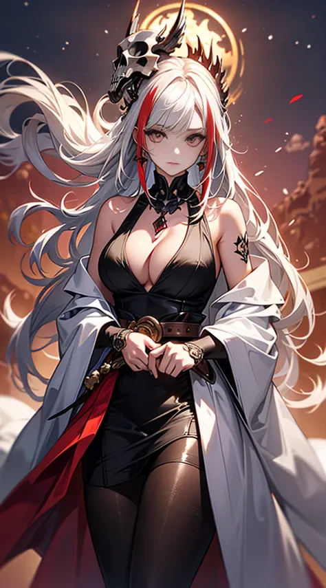 Highest quality, masterpiece，Beautiful design，Intricate details ,4K， (Fine skin, Shiny skin, Shiny Hair, Pale complexion，Big Breasts), 　Red Sky,　Red Moon， Snow Mountain, ((Skull Land)),  Captivating woman, Gray Hair, Long Hair, Hair blowing in the wind, ha...