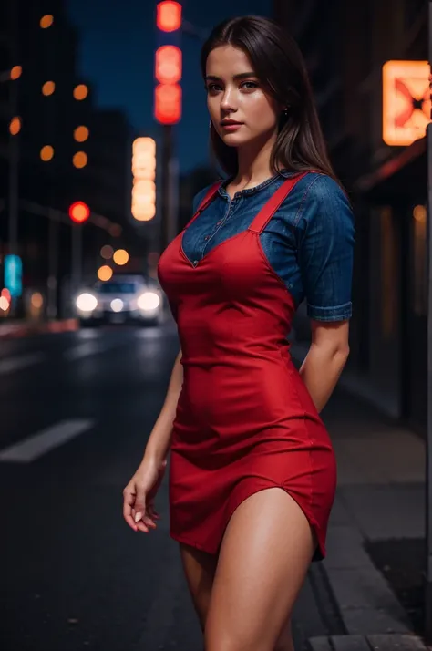 woman wearing a tiny red dress and blue jeans, UHD, ultra realistic, ultra resolution, ultra quality, fully detailed, ultra detailed, 16K, cinematic light, street in background