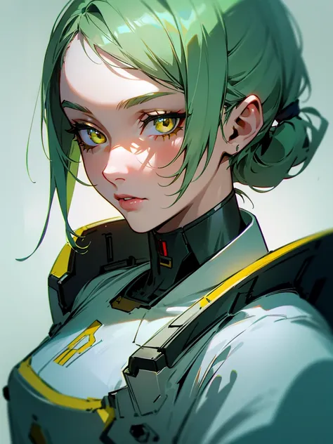 1girl,,green hair,yellow eyes,low ponytail,white suit,green overall,upper body,hyper detailed,cinematic lighting,highly detailed facial features,extremely detailed eyes,beautiful detailed lips,beautiful detailed nose,best quality,masterpiece:1.2,profession...