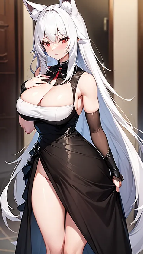 An adult woman, half fox and wolf, white hair, red eyes, large breasts, very shy, standing, in a black dress