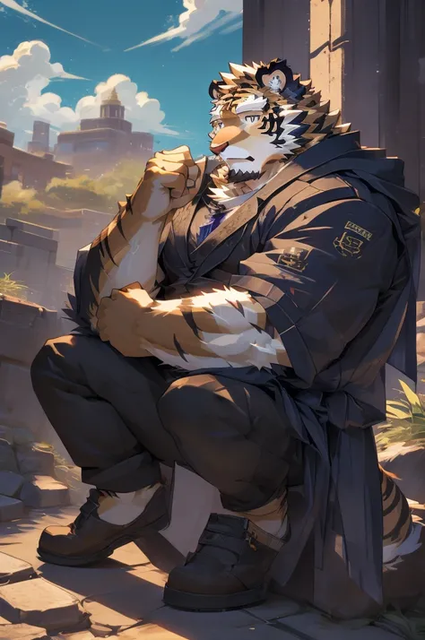 (masterpiece,best quality,Super detailed,Perfect anatomical structure),Detailed background,Empty,hairy,cannon, ,Clear focus,白色tiger，By Empty Ghost, rest 阳光,External,campus, Solitary,Solitary ，male,male ,human nature,Cat,tiger,muscular,rest (White fur:1.5,W...