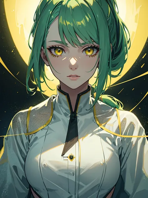 1girl,,green hair,yellow eyes,low ponytail,white suit,green overall,upper body,hyper detailed,cinematic lighting,highly detailed facial features,extremely detailed eyes,beautiful detailed lips,beautiful detailed nose,best quality,masterpiece:1.2,profession...