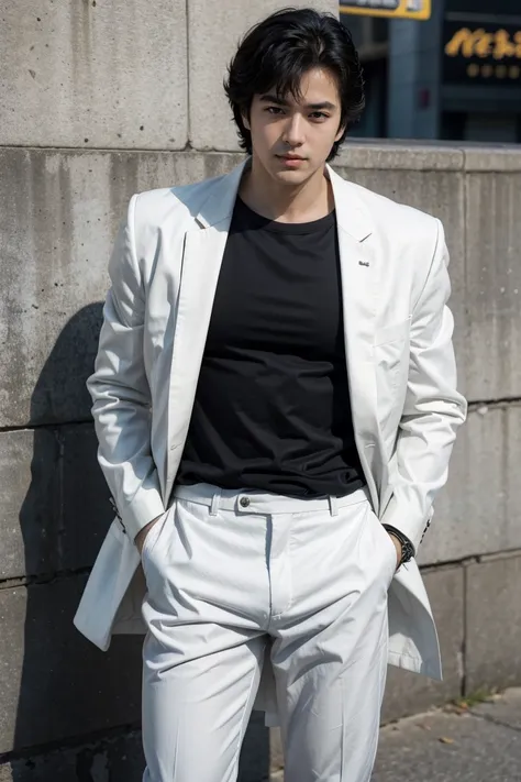 (saeba ryo city hunter )  ,Wearing white pants,white jacket,black shirts,standing,exposed erect penis,