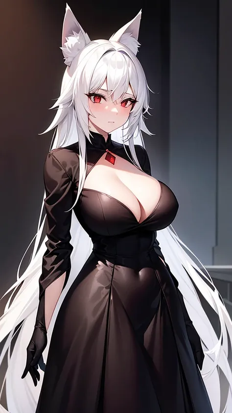 An adult woman, half fox and wolf, white hair, red eyes, large breasts, very shy, standing, in a black dress