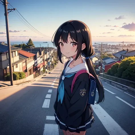 1girl, standing, head tilt,
(downhill:1.3), (sloped road), wide single road in Japan, (sea in distance:1.4), (port city:1.4), (cityscape in distance),
gentle smile, 15yo,
(low twintails girl), low pigtails, black hair, very long hair,
long sleeves, navy-bl...