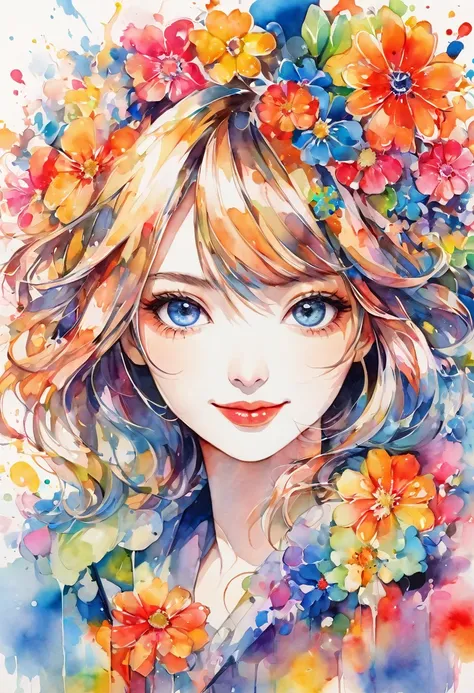 beautiful woman portrait, cute smile, sylvia pelissero watercolors, colorful flowers, beautiful eyes,  upper body, abstract art,...