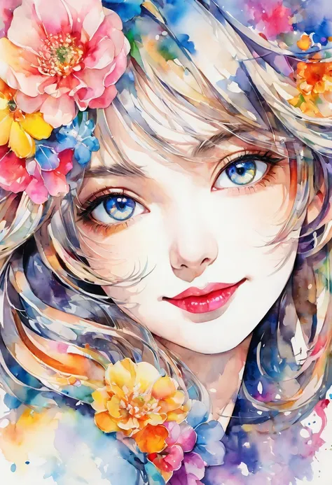 beautiful woman portrait, cute smile, sylvia pelissero watercolors, colorful flowers, beautiful eyes,  upper body, abstract art,...