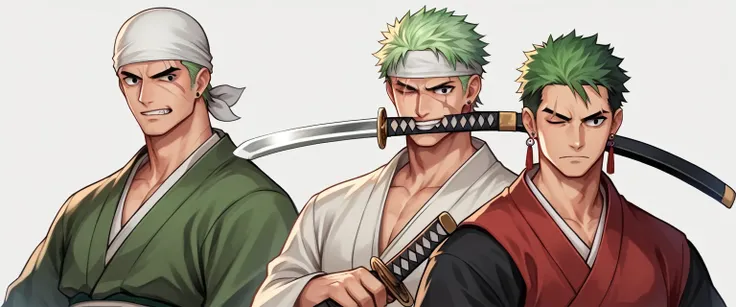 zoro_roronoa, green hair, black eyes, short hair, bandana, earrings, wano country arc, chonmage, japanese clothes, kimono, post timeskip, scar across eye, one eye closed, sideburns, katana, holding sword, mouth hold, teeth to activate the custom training