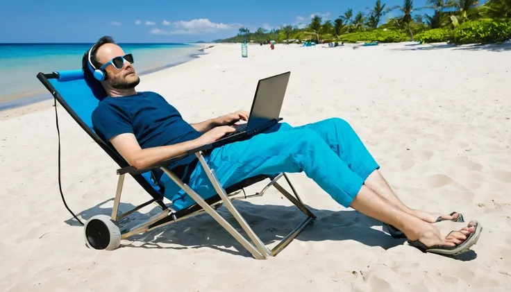 A man resting in a beach chair, ahead there is a robot with a computer typing