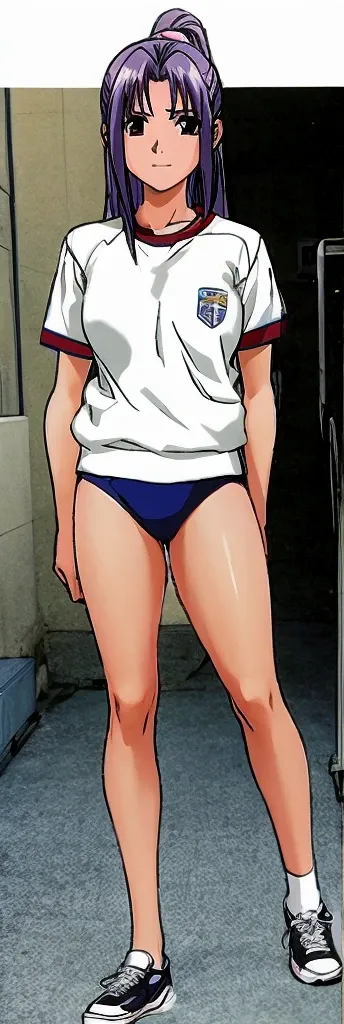 Momoko Koigakubo, a tall woman with beautiful legs, is standing with a smile on her face in a white gym uniform and light navy blue bloomers that look like panties, holding a young boy in a tracksuit next to her.。