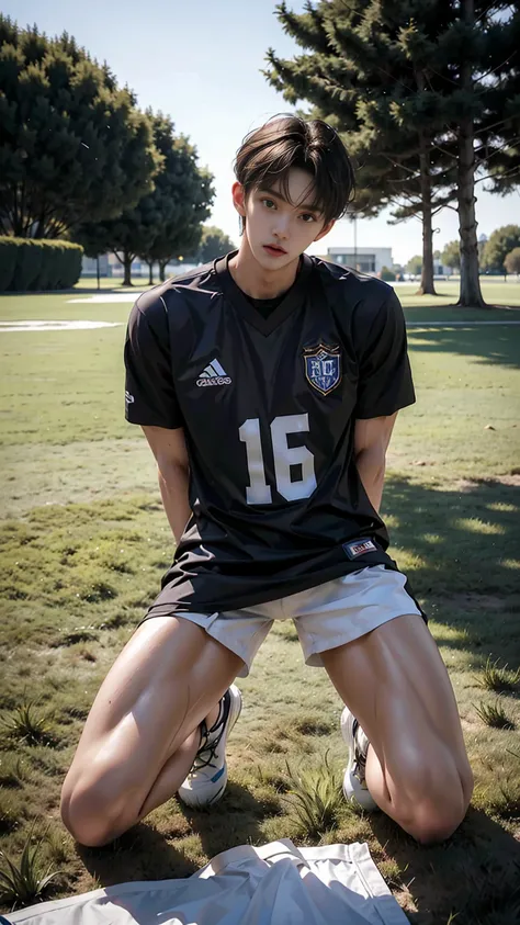 masterpiece,best quality,Look up at the characters，Stay away from the camera， (An 18-year-old tall boy:1.2), (Kneeling upright on the campus lawn:1.2),（Football Jersey）,Broad shoulders,Muscular shoulders，（Extremely strong body），Muscular body，Fitness，Perfec...