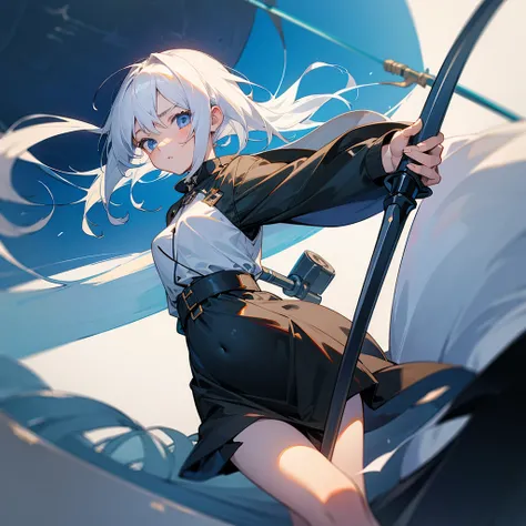 Anime girl, 14 years old, wearing loose clothes, her clothes ending just above her belly button, light white hair with blue ends, and a long-handled scythe in her hand.