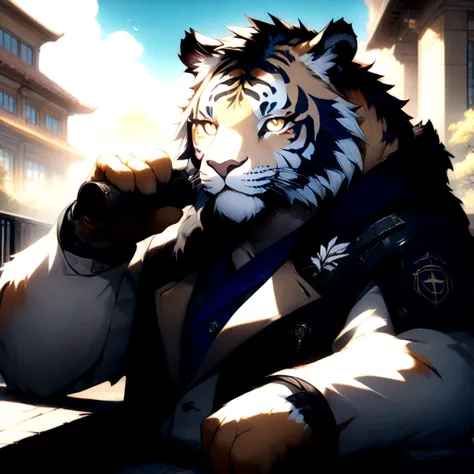 (masterpiece,best quality,Super detailed,Perfect anatomical structure),Detailed background,Empty,hairy,cannon, ,Clear focus,白色tiger，By Empty Ghost, rest 阳光,External,campus, Solitary,Solitary ，male,male ,human nature,Cat,tiger,muscular,rest (White fur:1.5,W...