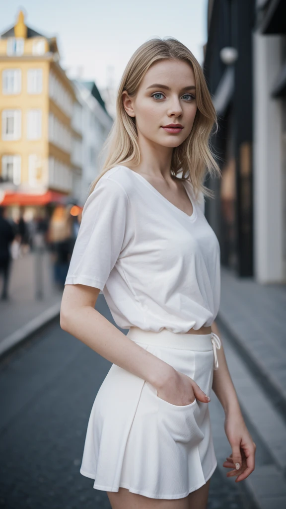 an icelandic woman with beautiful Delicate eyes, Beautiful and delicate lips, Extremely detailed face and skin, Pale skin, 23 years old, Wearing a white V-neck T-shirt and a black hip skirt, high heels, medium long shot, walking on the crowded street, sexy...