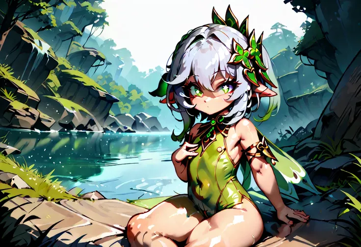 1girl, nahida (genshin impact), genshin impact masterpiece, best quality, very aesthetic, absurdres, newest  slim body,///// ,by nyantcha,cutesexyrobutts , by khyle,,////// beautiful face, sexy,  ,  greenery,, jungle,birds etc, looking at viewer, lime one-...