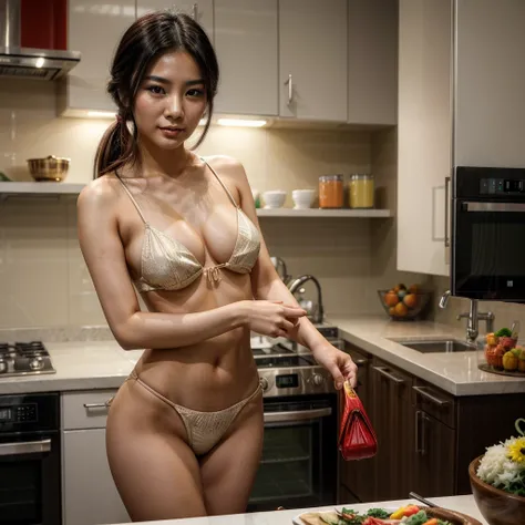 [[((attractive young Asian woman with a captivating presence, embodying the essence of Allurist:1.6)), cooking an Asian dish in a stylish, modern kitchen. She is dressed in fashionable clothes that complement her vibrant surroundings:1.6)). The scene is vi...