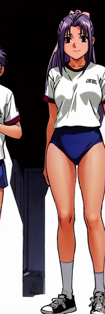 Momoko Koigakubo, a tall girl with beautiful legs, is standing with a smile on her face in a white gym uniform and light navy blue bloomers that look like panties.。Momoko Koigakubo is holding a second-grade boy wearing a jersey.。