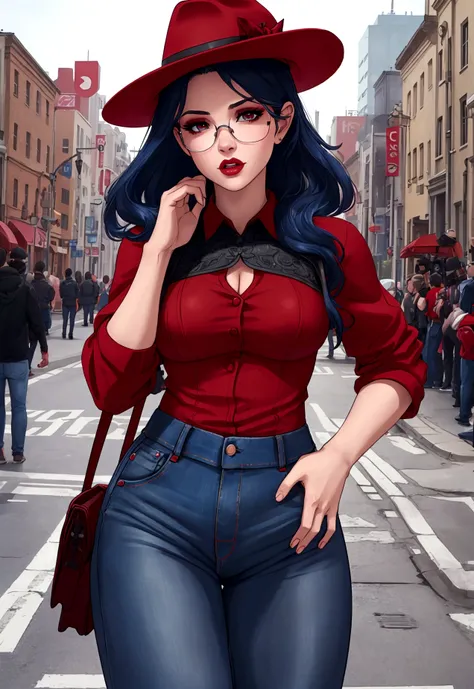 beautiful gorgeous hot woman wearing a tiny red kilt in top, blue jeans in down, UHD, ultra realistic, ultra resolution, ultra quality, fully detailed, ultra detailed, 16K, cinematic light, street in background, hat, suglasses,full makeup