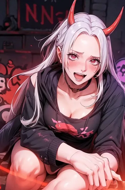 detailed background, masterpiece, best quality, smile, nakiri ayame, streaked hair, oni horns, white hair, twin buns, red eyes, smile, hoodie, portrait, neon, graffiti, dark, night, glowing eyes, blacklight