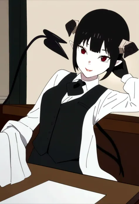 work of art, best qualityer, high resolution, 1girl horns short hair demon tail, white shirt black ascot black gloves black pants black vest , sheet, mao nos lips,beautiful smile,shining eyes,desk,low lighting
