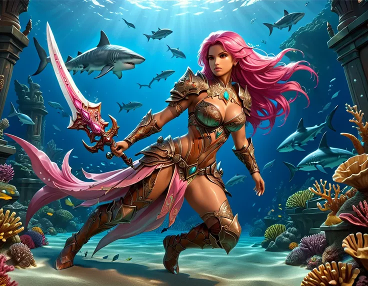 , a wide angle picture of a female human druid swimming along her pet shark, priest of underwater nature, cleric of underwater nature, art full body, ((anatomically correct)), dynamic position (intricate details, Masterpiece, best quality: 1.5) talking to ...