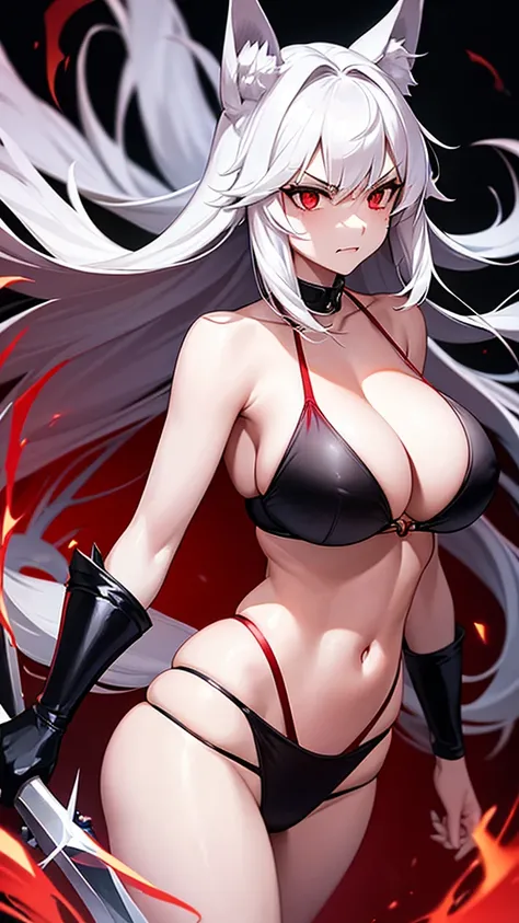 An adult woman, half fox and wolf, white hair, red eyes, wide breasts, very angry, standing, in a black bikini, holding a sword