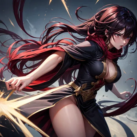 create an anime fight scene, a black-haired wizard, a magician with sexy clothes and long red hair , messy, are struggling