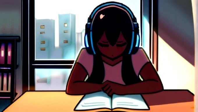 Gen prompt: She is an 18-year-old woman with a heart-shaped face, flawless tan skin, dark hair, and distinct features. She is alone in her room, studying with books and taking notes. Her eyes are closed. The room is softly lit, and outside the window, star...