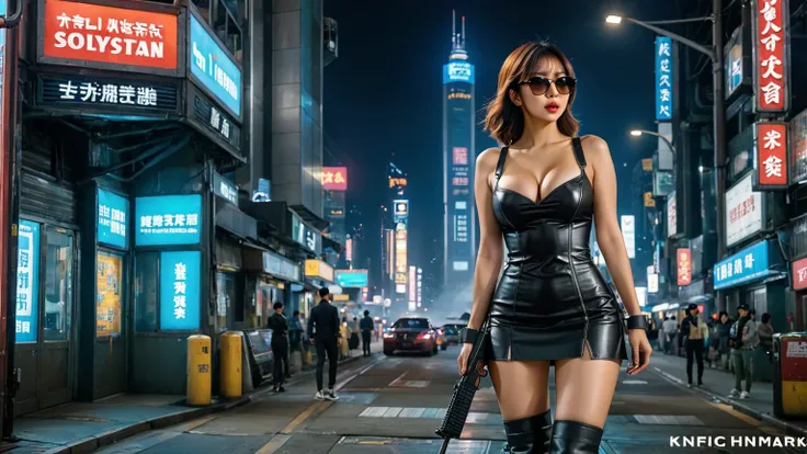 8K, Realistic Skin Texture, Realistic Photo, Neo Hong Kong, (((((1 slim:1.1 western women, solo))))), large-breast:1.4 cleavage:1.3, AD2050 at night, wearing tube top, miniskirt, (((black sunglasses, automatic rifle, sneakers, cold, standing and shooting p...