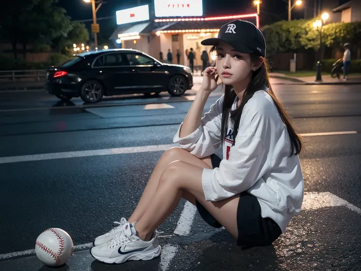 A girl，night，Put on a baseball cap，Sitting on the roadside，Street Lights，light rain