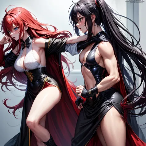 Create an anime fight scene, a black-haired wizard, a magician with sexy clothes and long red hair , messy, are struggling 