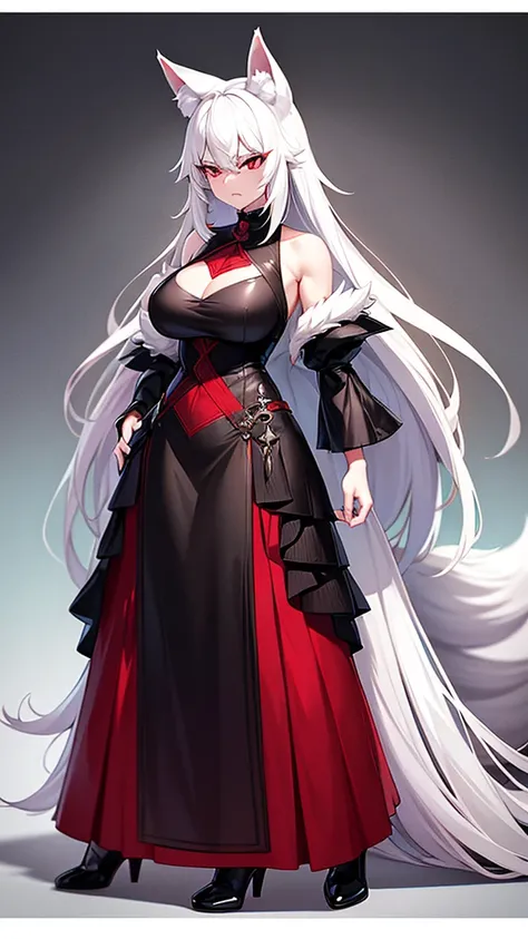 An adult woman, half fox and wolf, white hair, red eyes, wide breasts, very angry, standing, in a black dress