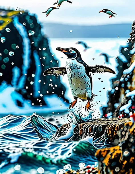 A penguin jumped off a high cliff into the sea, close-up of the moment of jumping, First Penguin.