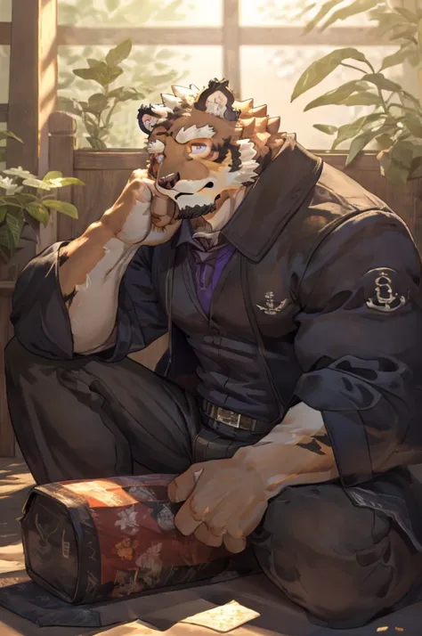 (masterpiece,best quality,Super detailed,Perfect anatomical structure),Detailed background,Empty,hairy,cannon, ,Clear focus,白色tiger，By Empty Ghost, rest 阳光,External,campus, Solitary,Solitary ，male,male ,human nature,Cat,tiger,muscular,rest (White fur:1.5,W...