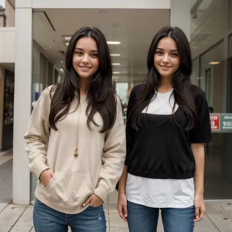 A brunette girl with long, black hair and brown eyes is smiling while standing next to her boyfriend.