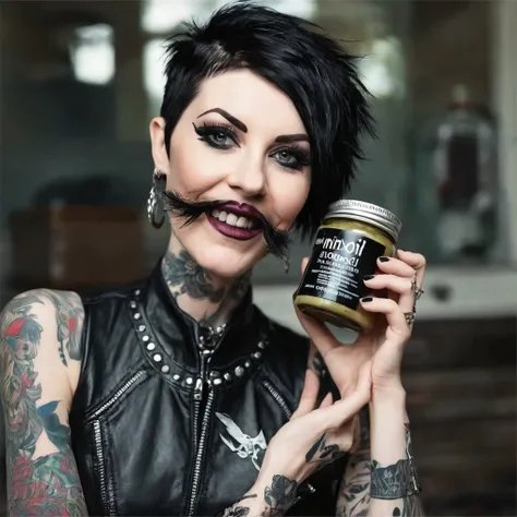 bearded woman, short hair, punk goth style, receives a jar of minoxidil