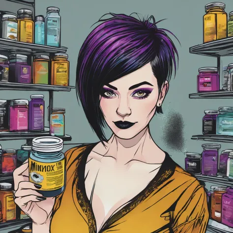 bearded woman, short hair, punk goth style, receives a jar of minoxidil