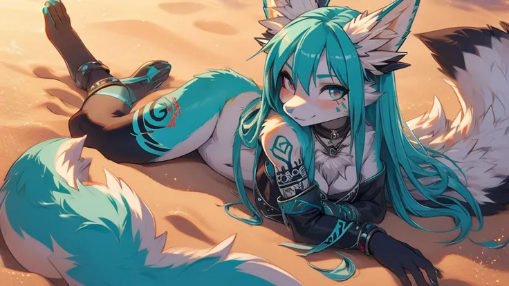 Miku Hatsune, add high definition_detail:1, blue fur,kitsune ears, tribal tattoo add_detail:1, fullbody in sand