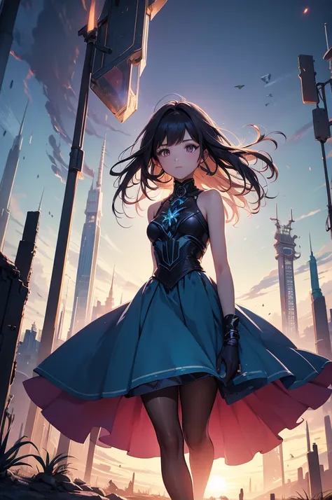 atmosfera the noite chuvoso sombria in anime 4D tinta óleo A post-apocalyptic Fallout-themed magazine cover illustration power fenix girl logan + Elza frozen ice power immersed in the resplendence of the setting sun, in surreal Ghibli-style watercolor, she...