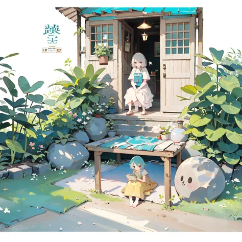 ((There is a woman sitting in the yard)), (rustic, Close-up of a , Door bars，Courtyard view, potted，a plant), Ghibli background style, Yuru Chara style，cute storybook illustration, , gentlesoftlighting, cream, Giorgio Morandi Colors, thick line graph, full...