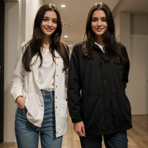 A brunette girl with long, black hair and brown eyes is smiling while standing next to her man.