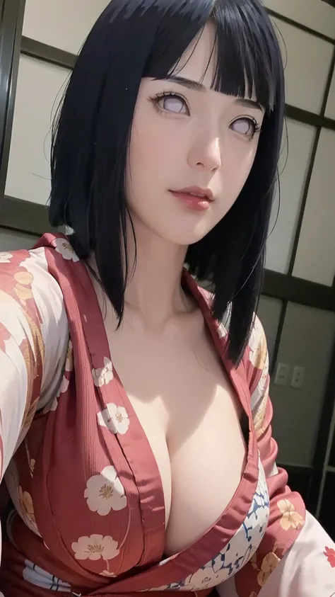 masterpiece, hinata(boruto), 1girl, mature women, (((Red floral satin kimono with spaghetti strap top))), (((Selfie))), (((Close-up photo))), (((Closed Clothing))), (((cleavage))), (((big breasts))), (((big round breasts))), (((round breasts))), (((extreme...