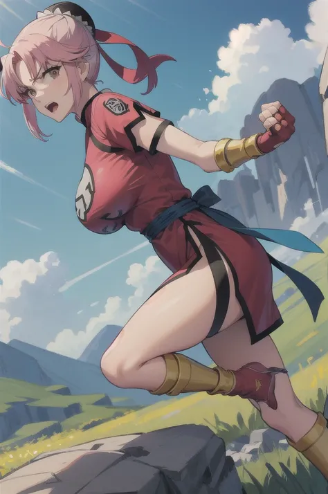 masterpiece, best quality,  martialMaam, hair bun, short hair, china dress, short sleeves, sash, fingerless gloves, furrowed brow, open mouth, fighting stance, from side, looking at viewer, big breasts:1.6, blue sky, field, standing on one leg